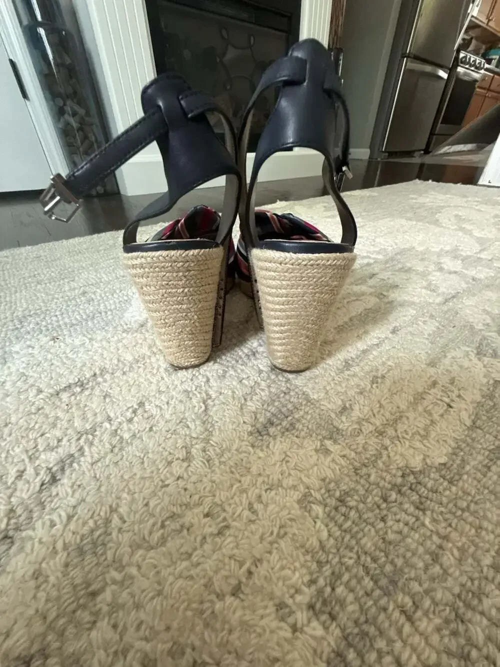 Sam Edelman Aubrey Espadrille Wedge Striped Bow Sandal Navy Pink Tan Size 10